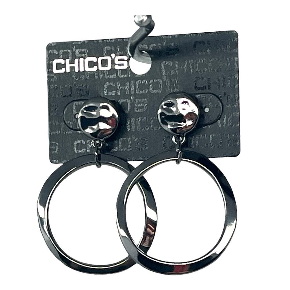 Chico’s Gunmetal Hoop Earrings – Modern Polished Drop Hoops Hypoallergenic, NWT